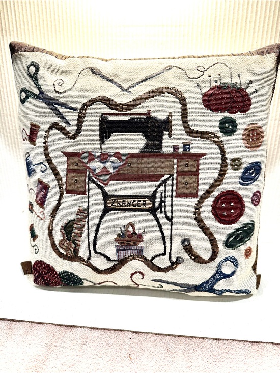 Other - Vintage Tapestry Sewing Machine Accent Pillow  in Cream and Brown